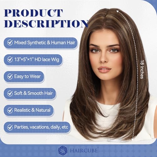 HAIRCUBE Human Hair Wig Lace Front Wig Glueless Wigs Layered Shoulder-Length HairWigs for Women, Brown with Blonde Highlights, Human Hair Blend, 13"¡¿5"¡¿1" HD Lace, 18 Inch Daily Use