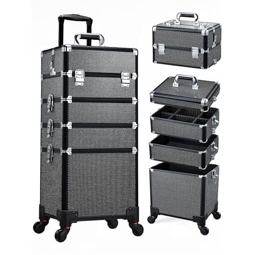 Costravio 5 in 1 Rolling Makeup Case on Wheels Large Cosmetology Case Organizer Beauty Cosmetic Train Case Travel Nail Cart for Make-up Studio Hair Salon, Black Rhinestone