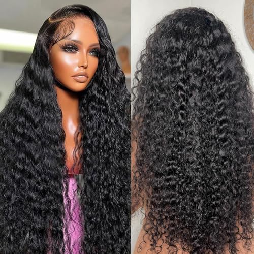 13x4 Deep Wave Lace Front Wigs Human Hair 200 Density Deep Curly Human Hair Wig HD Transparent Wet and Wavy Lace Front Wigs Natural Black 30 Inch