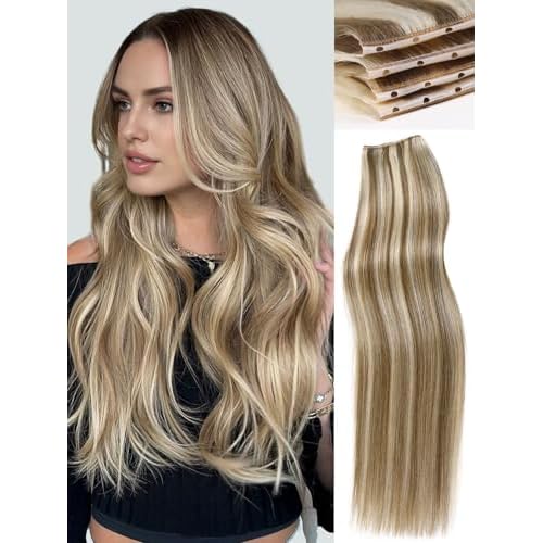 WIGNEE OVO Butterfly Hair Extensions Real Human Hair Blonde Ombre 18 Inch Seamless Invisible Glueless Salon Quality with Micro Beads Add Volume & Length for White Women(9A/60)