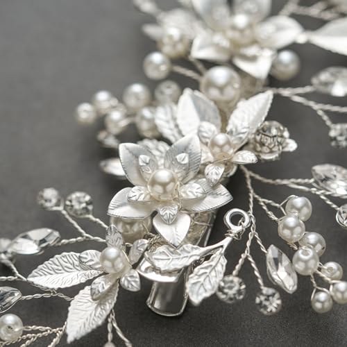SWEETV Wedding Hair Clip Comb Handmade Bridal Hair Accessories for Women Wedding Hair piece,Silver