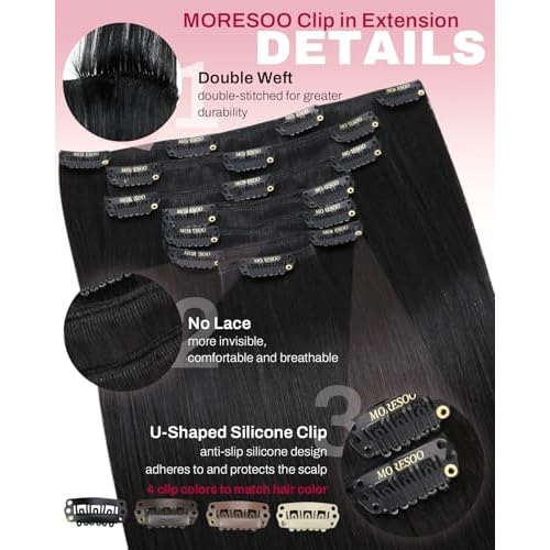 Moresoo Black Clip in Hair Extensions Real Human Hair Clip in Extensions Black Hair Extensions for Women Remy Double Weft 120g/7pcs 20 Inch