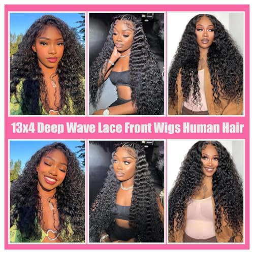 32 Inch Deep Wave Lace Front Wigs Human Hair 13x4 Deep Curly Human Hair Wig Pre Plucked 180% Density HD Transparent Lace Front Wigs for Black Women Deep Wave Frontal Wigs Natural Black