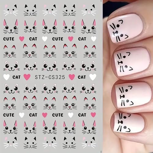 4 Sheets Cute Pink Cat Nail Art Stickers Set - 3D Cartoon Kitten Graffiti Nail Decals for DIY Manicure, Self-Adhesive Nail Decal Nail Art Supplies Manicure Sliders, Perfect for Girls' Nail Care