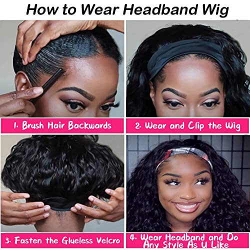 JCL Curly Headband Wig Human Hair 180% Density 18 Inch Wigs Natural Color Human Hair Wigs for Black Women Human Hair Deep Wave None Lace Front Wigs Human Hair