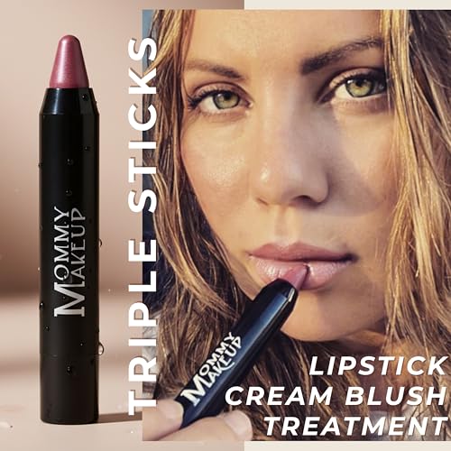 Mommy Makeup Triple Sticks Lipstick, Cream Blush & Treatment All-In-One with Shea & Cocoa Butter - Soft & Creamy Moisturizing Lip Crayon For Lips & Cheeks (Bare Babe)