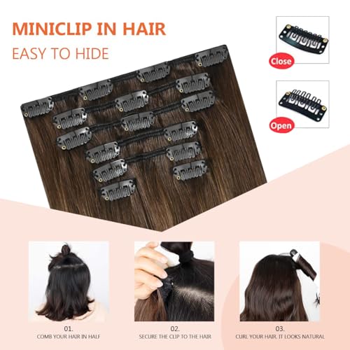 Balayage Hair Extensions Real Human Hair, Ombre Medium Brown Fading to Caramel Blonde 20 inches 120g Highlights 100% Human Hair Natural Straight Woman Beauty Clip ins #4/27/4