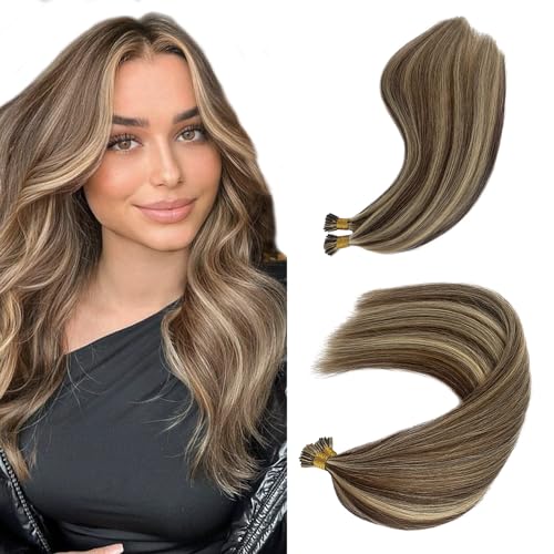 Hair Extensions Real Human Hair I Tip Extensions Bleach Blonde Highlighted Medium Brown Human Hair Extensions for Women 24 Inch Long Straight Brown and Blonde I Tips 50s 50g