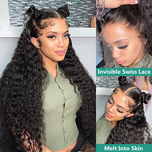 Deep Wave HD Lace Frontal Wig Human Hair 13x4 Lace Front Wigs Deep Wave 180 Density Pre Plucked HD Lace Front Human Hair Wigs for Women Frontal Wig Natural Color (32 Inch)
