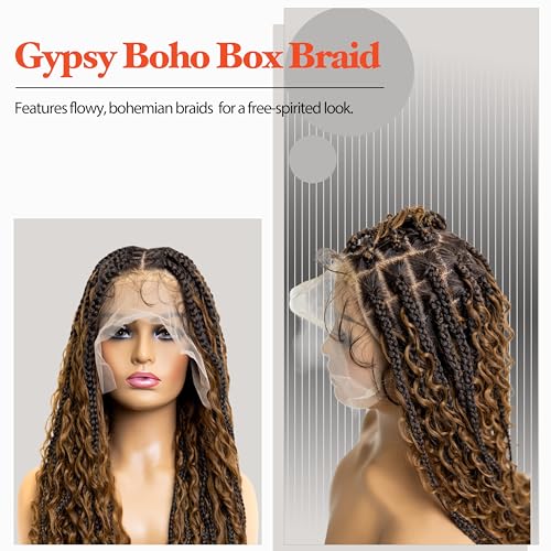 Gypsy Boho Box Braided Wig - Synthetic Knotless Braided Wigs for Black Women - Full Lace Square Parted, Glueless Wig with Natural Baby Hair (#613 Platinum Blonde, 32")