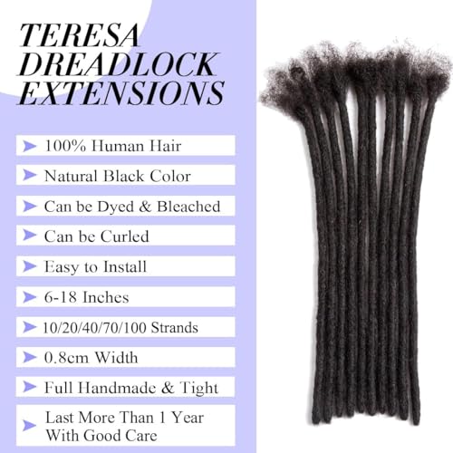 Teresa 8 Inch 0.8cm Width Loc Extension Human Hair Natural Black 60 Strands Full Hand-made Permanent Locs Extensions Can Be Dyed and Bleached for Men/Women/Kids Real Dreadlock Extensions Human Hair