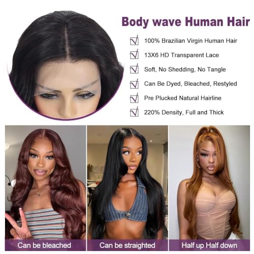 13x6 Lace Front Wigs Human Hair Pre Plucked 220% Density Body Wave HD Lace Front Wigs Human Hair Natural Black Glueless Frontal Wig for Women (26 Inch)