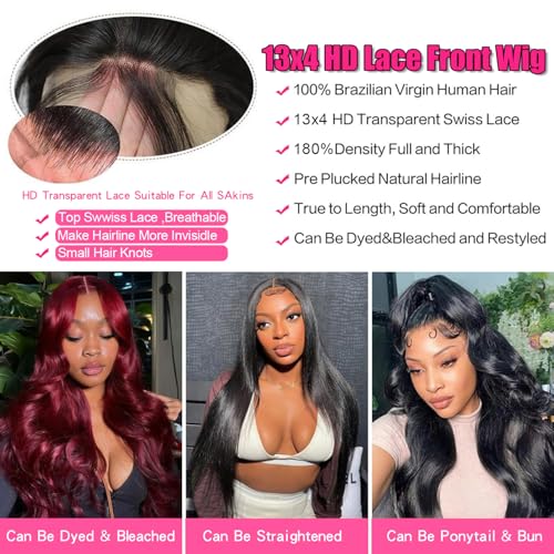 Human Hair Wig Body Wavy 13x4 HD Lace Front Wig 30 Inch Lace Frontal Wigs Pre Plucked 180% Density Virgin Hair Glueless Wigs For Women Natural Black (1B)