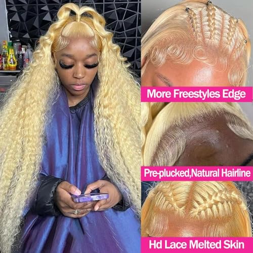 30 Inch 613 13x6 Lace Front Wigs Human Hair Deep Wave Blonde Wig Human Hair 13x6 HD Lace Frontal Wigs for Black Women 180% Density Deep Curly Glueless Wig Pre Plucked with Baby Hair