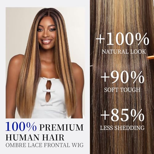 Highlight Ombre 13x6 Lace Front Wigs Human Hair Straight HD Lace Frontal Wigs Pre Plucked Tangle-Free 200 Density 4/27 Colored Real Virgin Human Hair Wig Invisilbe Hairline Tiny Knots 24 Inch