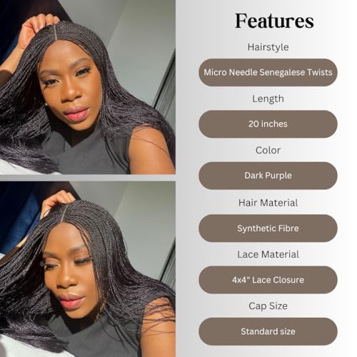 Micro Needle Senegalese Twists Braided Wig, Micro Twists Wigs, Braided Wigs for Black Women, Premium Synthetic Handmade Braid Wig - Dark Purple (20 inches)