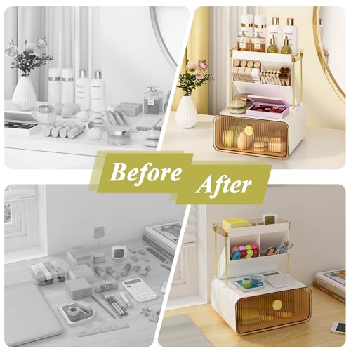 FOLLOWIN 3 Tiers Makeup Organizer with Drawer,Cosmetic Display with Lipsticks Brush Holder,Cosmetics and Beauty Supplies Organizers for Vanity,Dresser,Bathroom Desktop Countertop Organizer,Amber