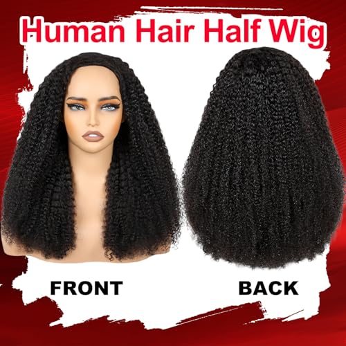Kinky Curly Half Wig Human Hair 200% Density Curly 3 In 1 Half Wig Seamless Drawstring Wear Go Glueless Wigs Human Hair for Women Headband Wig Beginner Friendly