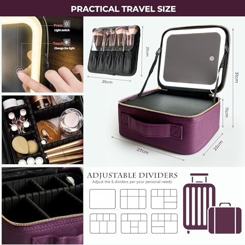 ZEVGANI Travel Makeup Bag with LED Mirror, Rechargeable Lighted Makeup Case with Adjustable Brightness & Dividers, Portable Makeup Box Organizer Vanity Case for Toiletries & Brushes, Plum Purple