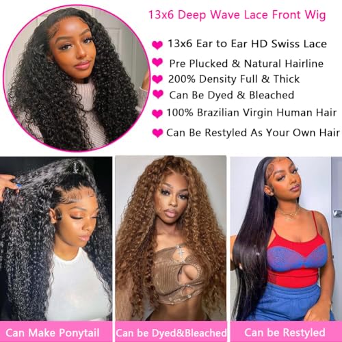 30 Inch Deep Wave Lace Front Wigs Human Hair Pre Plucked 13x6 HD Lace Front Curly Wigs Human Hair 200% Density Glueless Frontal Wigs Curly Wig for Women Natural Black