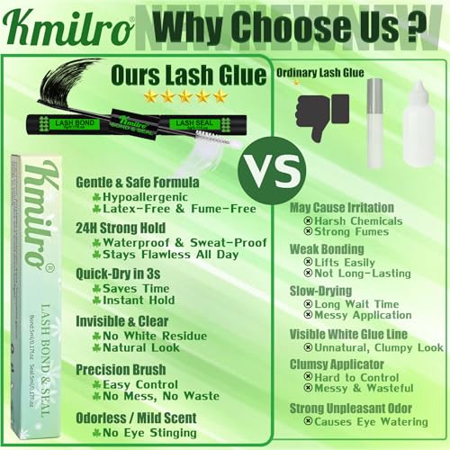 Lash Cluster Glue Bond and Seal Waterproof Eyelash Glue Upgrade 150Hours Strong Hold Long-Lasting 2 in 1 Lashes Bond and Seal Eyelashes Clusters DIY at Home Latex-Free for Sensitive Eyes, by Kmilro