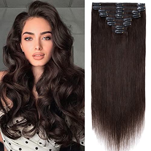 S-noilite Human Hair Extensions for Women - Standard Weft Clip in Brown Hair Full Head 8 Pieces 18 Clip 100% Real Human Hair 24"-120g Dark Brown (#2)