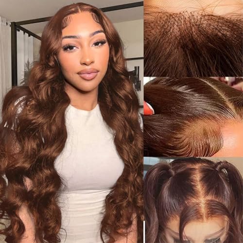 26 Inch 180% Density Chocolate Brown HD Lace Front Wig Human Hair for Women 13x4 Body Wave Frontal Human Hair Wigs Glueless Brazilian Hair Pre-Plucked with Baby Hair Natural Hairline