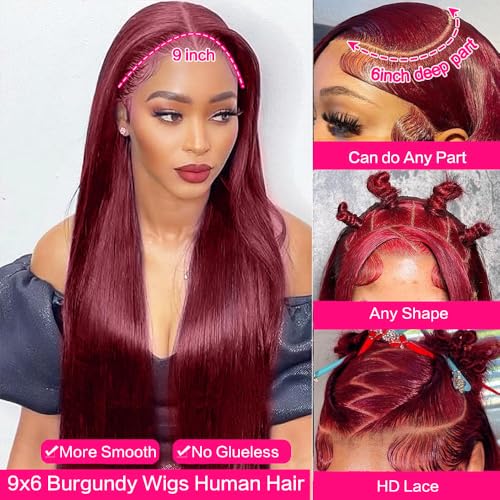 250% Density Flexi-Fit Invisi Drawstring Wig 9x6 Glueless Wigs Human Hair Pre Plucked Pre Cut Straight Hair Wigs 99j Burgundy Lace Front Wigs Human Hair for Women 28 Inch