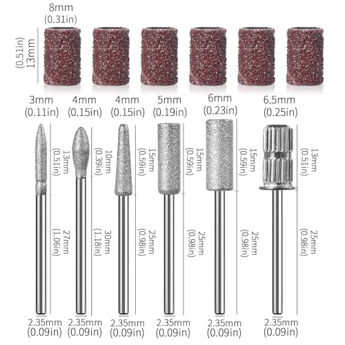 12Pcs Nail Drill bits Set,Professional Nail Art Tools Set for Acrylic Art,with 6 pcs Sanding Bands for Manicure & Pedicure Crystal Nail Files,Perfect for Nail Salons & Beauty