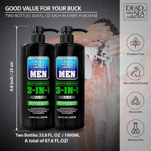 Dead Sea Collection Mens Body Wash 3 in 1 ? Peppermint Body Wash for Men ? Shower Gel ? Shampoo ? Shower Soap for Face and Hair ? Pack of 2 Bottles (33.8 Fl. Oz. Each)