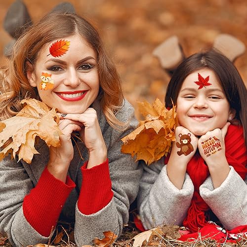 240 Pcs Autumn Temporary Tattoos for Kids, Thanksgiving Bulk Waterproof Safety Tattoos Stickers, Best Choice for Fall Goody Bag Stuffers, 60 Different Designs maple leaves pumpkins scarecrows turkeys