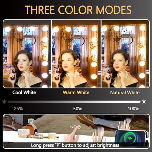 Hasipu Vanity Mirror with Lights, 32" x 24" Hollywood Mirror, Makeup Mirror with 17 Dimmable Bulbs and 10X Magnification, 3 Colors Modes, Touch Control, USB Charging Port, Type-C (Square Black)