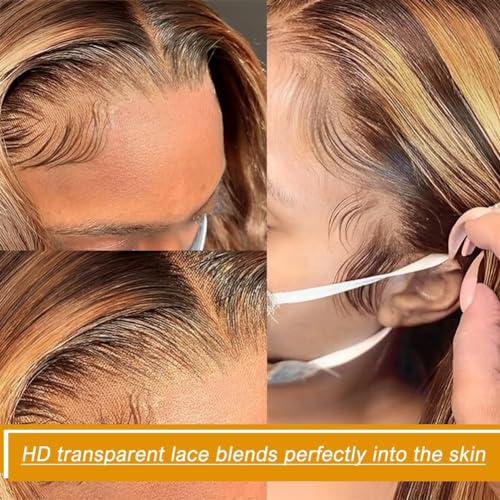 Azkiu Highlight Ombre Lace Front Wig Human Hair 13x4 HD 4/27 Honey Blonde lace frontal Wigs Pre Plucked with Baby Hair 150% Density Colored Body Wave Lace Front wig Human Hair Natural Hairline 14Inch