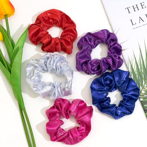 24 PCS Shiny Metallic Hair Scrunchies Bulk, Cheer Scrunchies Hair Accessories Cheerleading Hair Ties Elastics for Women Cheerleading Teams (Silver)