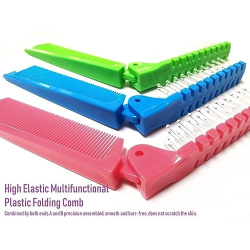 3pcs Hair Brush Set - Folding Travel Brush, Fine Tooth Pocket Comb, Massage Head & Baby Braiding Brush for Kids and Adults in Green/Pink/Blue