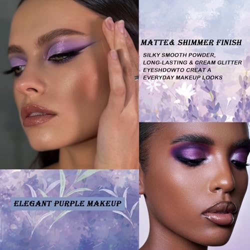 Purple Eyeshadow Palette, 12 Shades Lavender Purple Glitter EyeMakeup Pallet Smokey Neutral Silky Blendable Cream Eye Shadow for Older Women MatteMatellic Pink Compact for Cosplay Halloween Witch Look