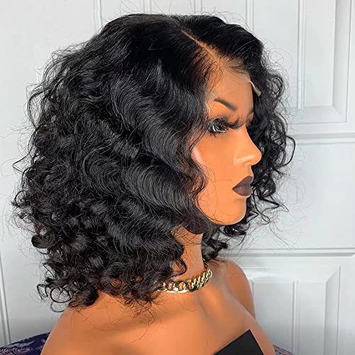 HD Invisible Human Hair 13X6 Lace Front Wigs Deep Side Parting Short Curly Brazilian Remy Hair Glueless Wigs HD Transparent Lace Short Bob Deep Wave Human Wigs 150% Density 10Inch