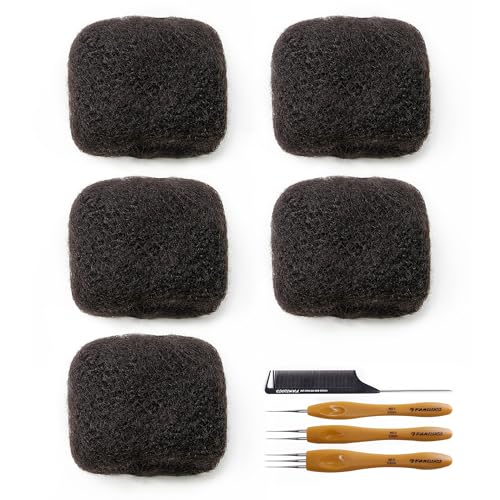 Tight Afro Kinky Bulk 100 £¥ Human Hair for Draedlock Extensions, Repair Locs, Twists and Braids (16 Inch, Natural Black, 5 Bundles with Crochet Needle Set and Rat Tail Comb)