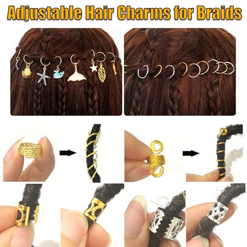 Coriario 292 Pcs Gold Silver Hair Jewelry for Braids Hair Charms Accessories Loc Jewelry Rings Cuffs Pendants Decorations for Women Men Braids Locs Dread
