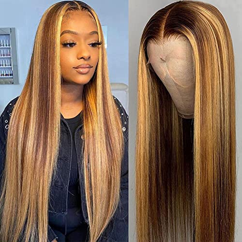 Pizazz Highlight Lace Front Wigs Human Hair Pre Plucked Honey Blonde Color 9A Brazilian Straight Lace Frontal Human Hair Wigs for Women 4/27 Color (4/27 Color Straight Wig, 22 Inch)
