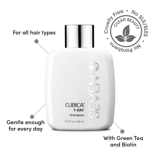 SEVEN Haircare Cubica 7-DAY Shampoo for Women, Men, All Hair Types, Add Shine and Moisture to Hair, Sulfate & Paraben Free, Cruelty Free with Biotin + Green Tea Extract, Made in USA, 10.8oz