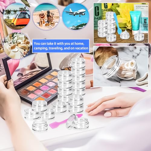 MotBach 100 Pcs 5g Empty Plastic Containers with Clear Lids,Mini Makeup Sample Containers, Small Sample Pot Jars Round Cosmetic Jars with Mini Spatulas for Liquid Sample Powder Creams Lotions
