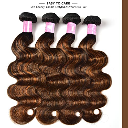 Sunber 12A Ombre Body Wave Human Hair 3 Bundles 100% Brazilian Virgin Human Hair Extensions Brown Highlight Body Wavy Weaves (12 14 16) Inch Piano Color Two Tone FB30 Color