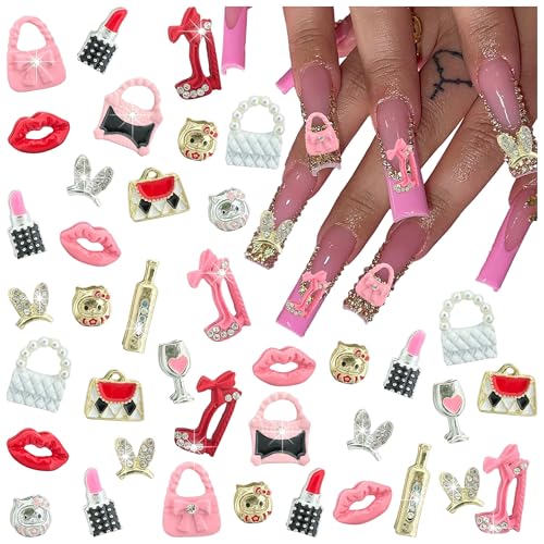 64PCS Nail Charms for Acrylic Nails,Alloy Y2K Nail Jewels Lipstick,High Heels,Handbags,Lips,Nail Accessories Nail Art Rhinestone