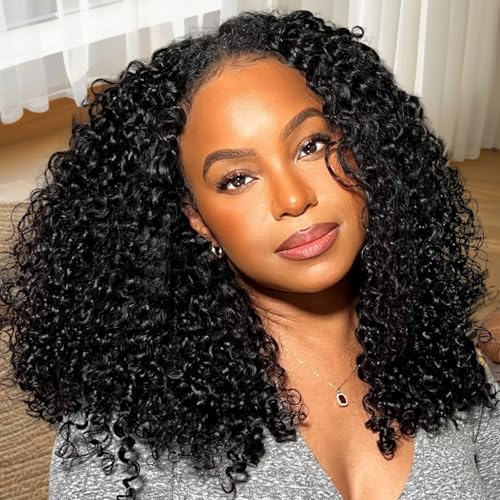 V SHOW Hair V Part Wig Human Hair Kinky Curly Upgrade U Part With Adjustable Drawstring 180% Density V Shape Clip In Half Wig For Women Natural Color 20 Inch