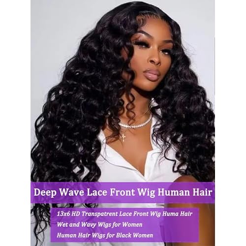 30 inch Deep Wave Lace Front Wigs Human Hair 13x6, 180 Density Soft Remy Virgin Human Hair Wig Pre Plucked with Baby Hair, Natural Color, Beginner-Friendly Daily Wear Suitable for Black Women