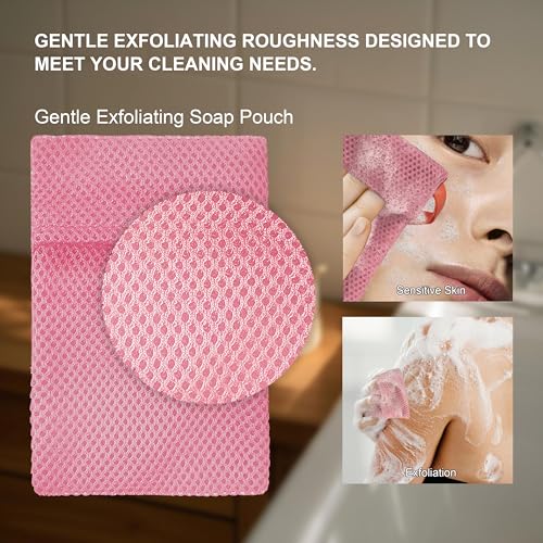 2 Pack Soap Bag Gentle Roughness,Bar Soap Pouch Saver Pocket,Body Scrubber Shower Sponge Loofah,Exfoliating Bath Sponge (Pink)