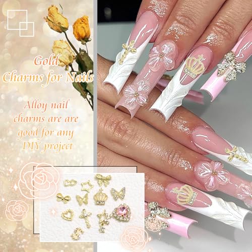180PCS Gold Nail Charms: Cross Crystal Star, 3D Gold Butterfly, Sparkly Crown, Shiny Dollar Sign, Bling Cross Bowknot Starlight for Nail Art and DIY