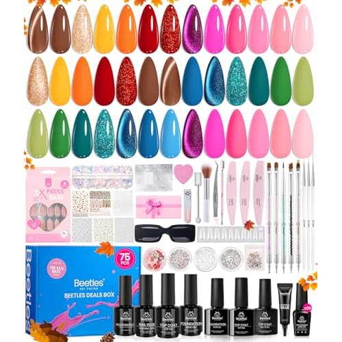 beetles Gel Polish Wandering Peace Collection 20 Colors Fall Gel Nail Polish Set 75 PCS Brown Blue Red Black Purple Glitter Cat Eye Glitter Glossy Matte Top Coat Uv Led Salon Home Gifts for Women