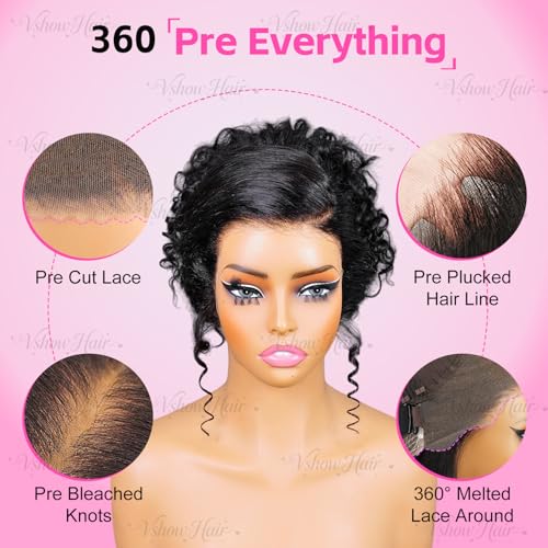 V SHOW Hidden Strap 360 Lace Front wig Human Hair with Water wave Glueless Wig Pre Plucked Pre Cut & Bleached Knots Invisible Drawstring 180% Density Brazilian Virgin Hair 20 Inch